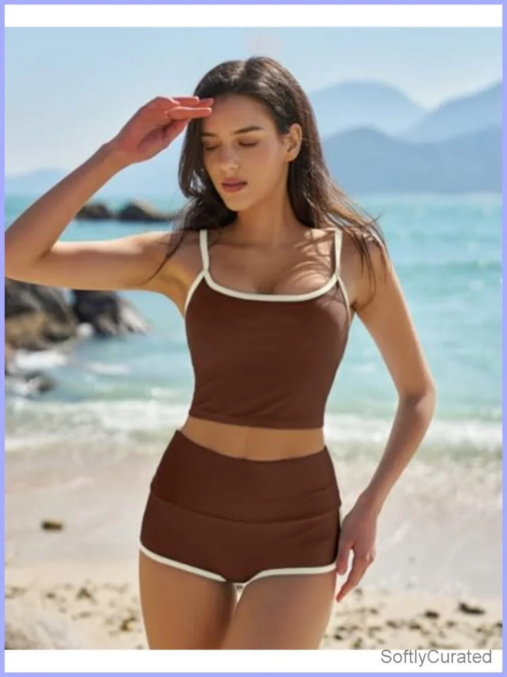 Two Piece Swimsuit Spaghetti Strap Crop Top High Waisted Boyshort Bikini Set